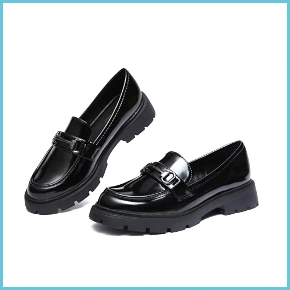 Chunky Platform Loafers with Buckle Patent Leather Slip-on Shoes - Picture 6 of 7